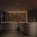 Modern Dark Bar Interior With Bar Stools Wine Racks And Ambient Lighting