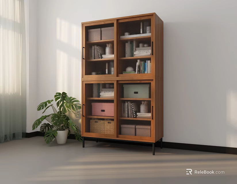 Wooden Bookshelf With Storage Boxes Books And Decorative Items In Bright Interior 3d model 