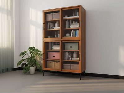 Wooden Bookshelf With Storage Boxes Books And Decorative Items In Bright Interior 3d model