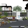 Modern Courtyard Garden Patio Design With Outdoor Seating Wooden Furniture Lighting And Greenery