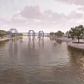 Waterfront Landscape Design Featuring Curved Walkways River Boats And Lush Greenery