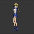 3D Model Female Character With Blonde Hair In Blue And White Outfit Holding Black Object
