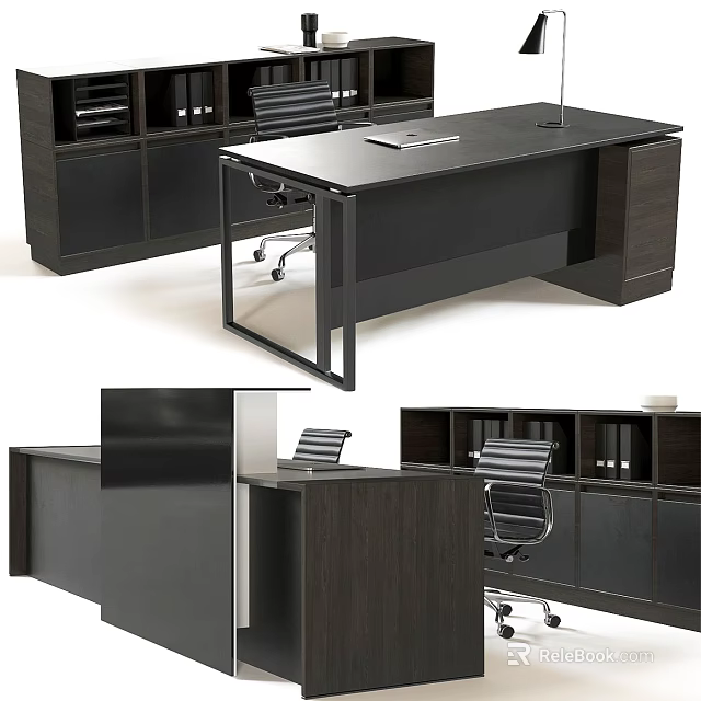 Modern Office Desk With Glass Top Black Frame And Wooden Filing Cabinet 3d model 