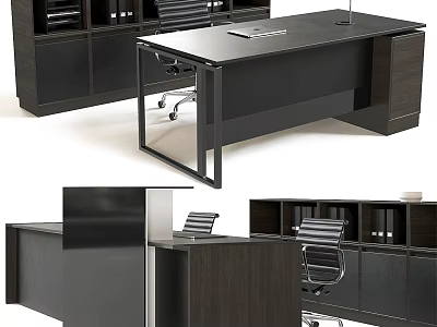Modern Office Desk With Glass Top Black Frame And Wooden Filing Cabinet 3d model