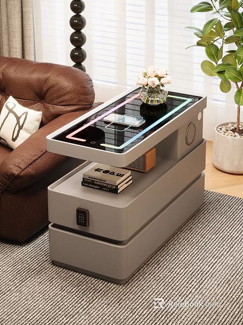 Gray Modern Coffee Table with Glass Top Layered Storage Flower Vase and Green Plant 3d model 
