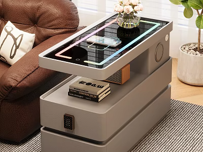 Gray Modern Coffee Table with Glass Top Layered Storage Flower Vase and Green Plant 3d model