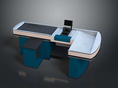 Modern Blue And White Checkout Counter Design With Computer Monitor And Smooth Countertop 3d model