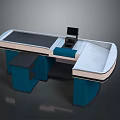 Modern Blue And White Checkout Counter Design With Computer Monitor And Smooth Countertop