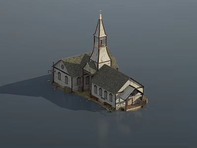 Traditional Church Building With Steeple Cross Bell Tower Gray Roof And White Walls 3d model