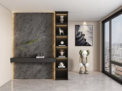 Modern Entryway Interior Design With Gray Marble Wall Black Shelf Sculptures And Large Windows 3d model