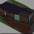 Modern Building 3D Model With Colorful Exterior Walls Blue Roof Round Windows And Glass Panels