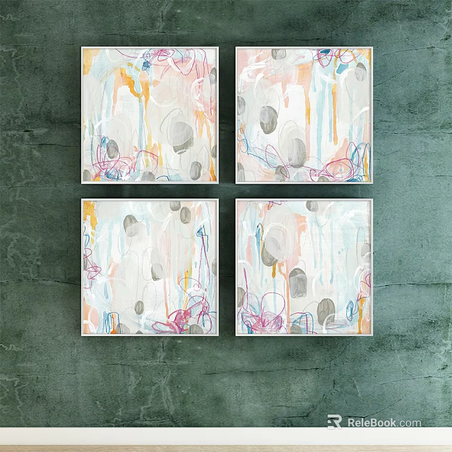 Four Abstract Paintings With Soft Colors Circles And Lines Hanging On Green Wall 3d model 