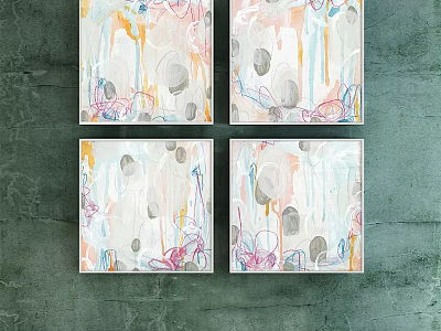 Four Abstract Paintings With Soft Colors Circles And Lines Hanging On Green Wall 3d model