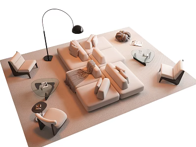 Modern Beige Sofa Coffee Table Set With Accent Chairs Floor Lamp And Area Rug 3d model