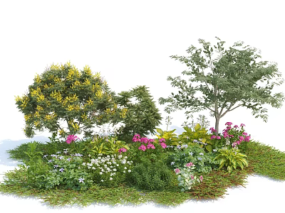 Various Colorful Flowering Shrubs With Yellow Pink Flowers Green Foliage In Garden 3d model