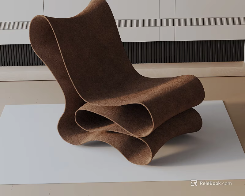 Brown Curved Accent Chair With Velvet Upholstery On White Mat And Striped Wall 3d model 