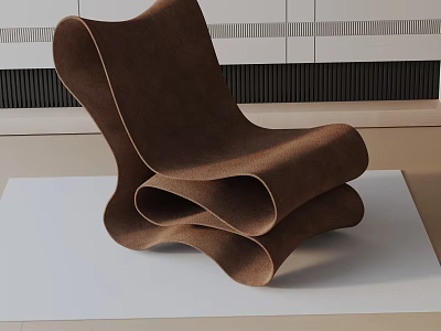 Brown Curved Accent Chair With Velvet Upholstery On White Mat And Striped Wall 3d model