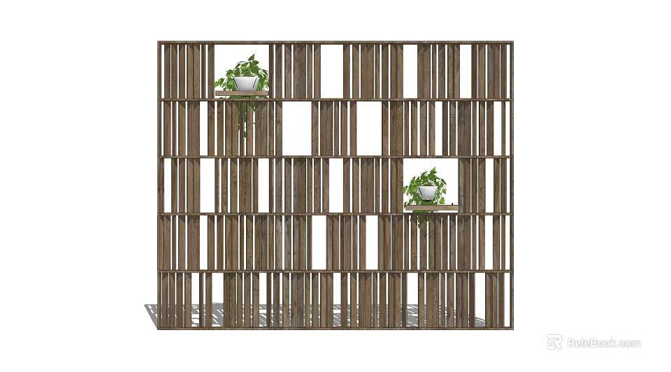 Wooden Interior Partition With Slatted Grid Design And Decorative Plants 3d model 