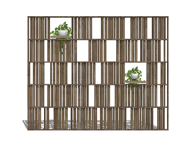 Wooden Interior Partition With Slatted Grid Design And Decorative Plants 3d model