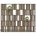 Wooden Interior Partition With Slatted Grid Design And Decorative Plants