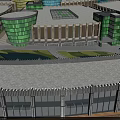 Modern Commercial Street Featuring Curved Glass Buildings Green Rooftops And Open Plaza Area