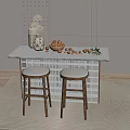 Stylish Bar Counter With Wooden Top Two Stools Nuts Vases And Green Plant