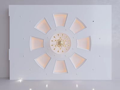 Elegant White Ceiling Design With Central Golden Chandelier And Radial Recessed Lighting 3d model