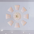 Elegant White Ceiling Design With Central Golden Chandelier And Radial Recessed Lighting