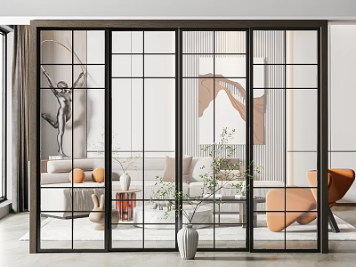 Glass Sliding Doors With Black Grid Frame Design In Modern Living Room With Furniture And Plants 3d model