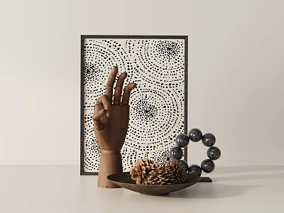 Decorative Ornament Set With Wooden Hand Sculpture Black Beaded Bracelet Pinecones And Dot Pattern Art 3d model