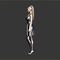 Blonde Woman Wearing Gray Dress Necklace Stockings And White Shoes Against Gray Background