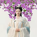 Green Plant Wall with Purple Flowers as Background for Woman in Hanfu