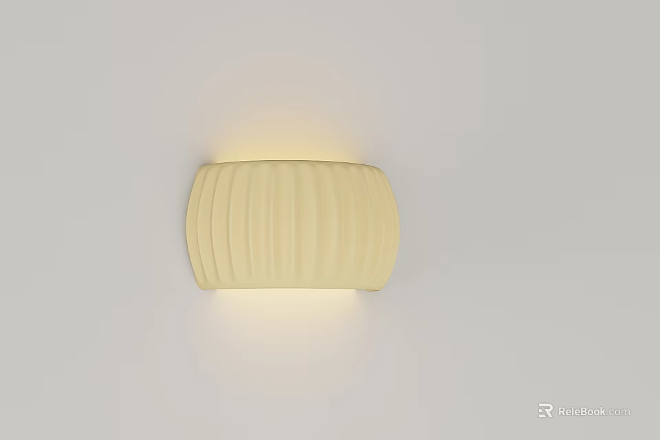 Cream Colored Ribbed Wall Lamp With Soft Glow Mounted On White Wall 3d model 