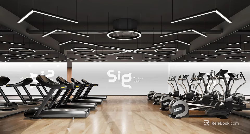 Modern Fitness Gym With Treadmills Elliptical Machines Geometric Lighting And Wooden Flooring 3d model 