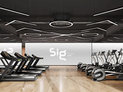 Modern Fitness Gym With Treadmills Elliptical Machines Geometric Lighting And Wooden Flooring 3d model