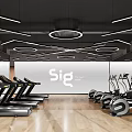 Modern Fitness Gym With Treadmills Elliptical Machines Geometric Lighting And Wooden Flooring