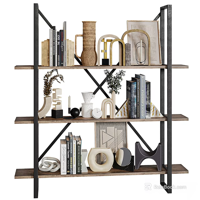 Stylish Modern Decorative Ornaments Set on Display Shelf with Books Vases Geometric Sculptures And Clock 3d model 