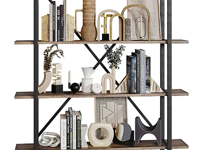 Stylish Modern Decorative Ornaments Set on Display Shelf with Books Vases Geometric Sculptures And Clock 3d model