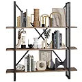 Stylish Modern Decorative Ornaments Set on Display Shelf with Books Vases Geometric Sculptures And Clock