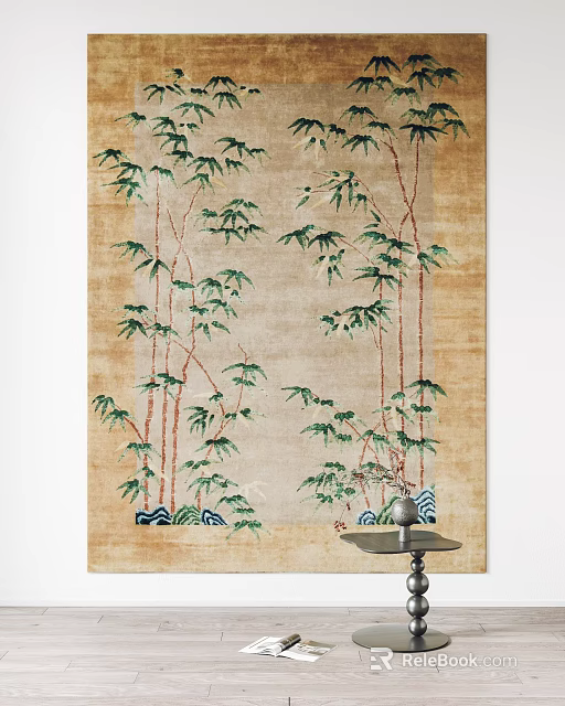 Decorative Square Rug with Green Bamboo Leaves Red Stems and Blue Wave Patterns 3d model