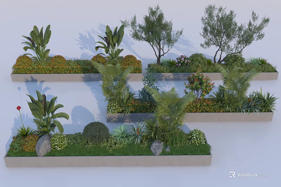 Plant Combination With Various Plants Shrubs Trees And Stones In Rectangular Planters 3d model 