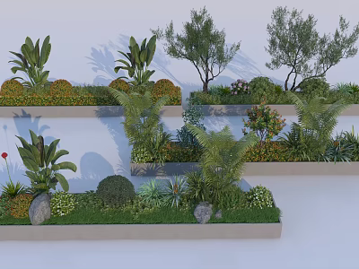 Plant Combination With Various Plants Shrubs Trees And Stones In Rectangular Planters 3d model
