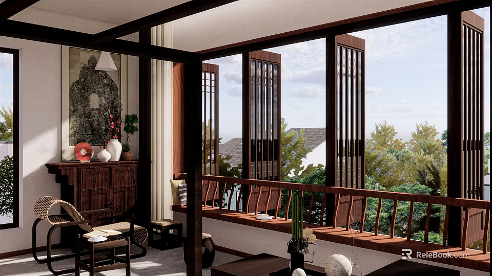 Traditional Chinese Style Hotel Guest Room With Large Windows Wooden Furniture And Green Outdoor View 3d model 