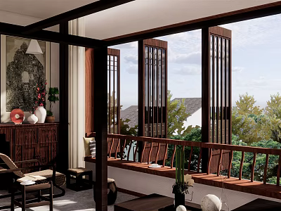 Traditional Chinese Style Hotel Guest Room With Large Windows Wooden Furniture And Green Outdoor View 3d model