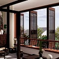 Traditional Chinese Style Hotel Guest Room With Large Windows Wooden Furniture And Green Outdoor View