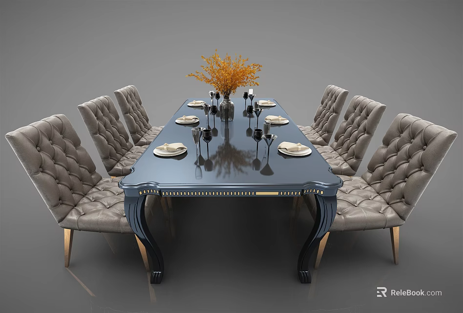 Luxury Dining Table Set With Black Table Gray Tufted Chairs Gold Legs And Orange Flowers 3d model 