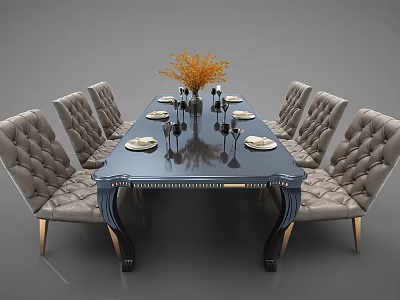Luxury Dining Table Set With Black Table Gray Tufted Chairs Gold Legs And Orange Flowers 3d model