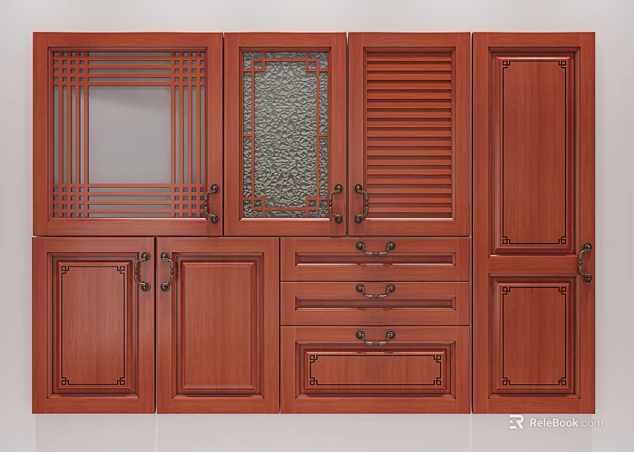 Traditional Wooden Cabinets With Lattice Glass Shutter Panel Doors And Drawers 3d model 