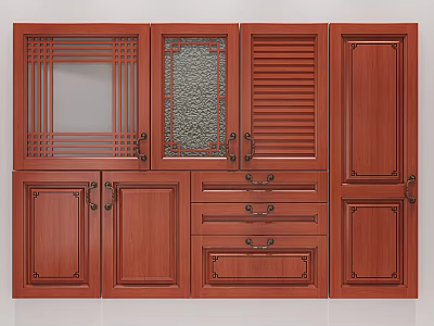 Traditional Wooden Cabinets With Lattice Glass Shutter Panel Doors And Drawers 3d model
