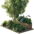 Lush Green Plants Trees Shrubs And Ferns With Wooden Fence In Garden Landscaping